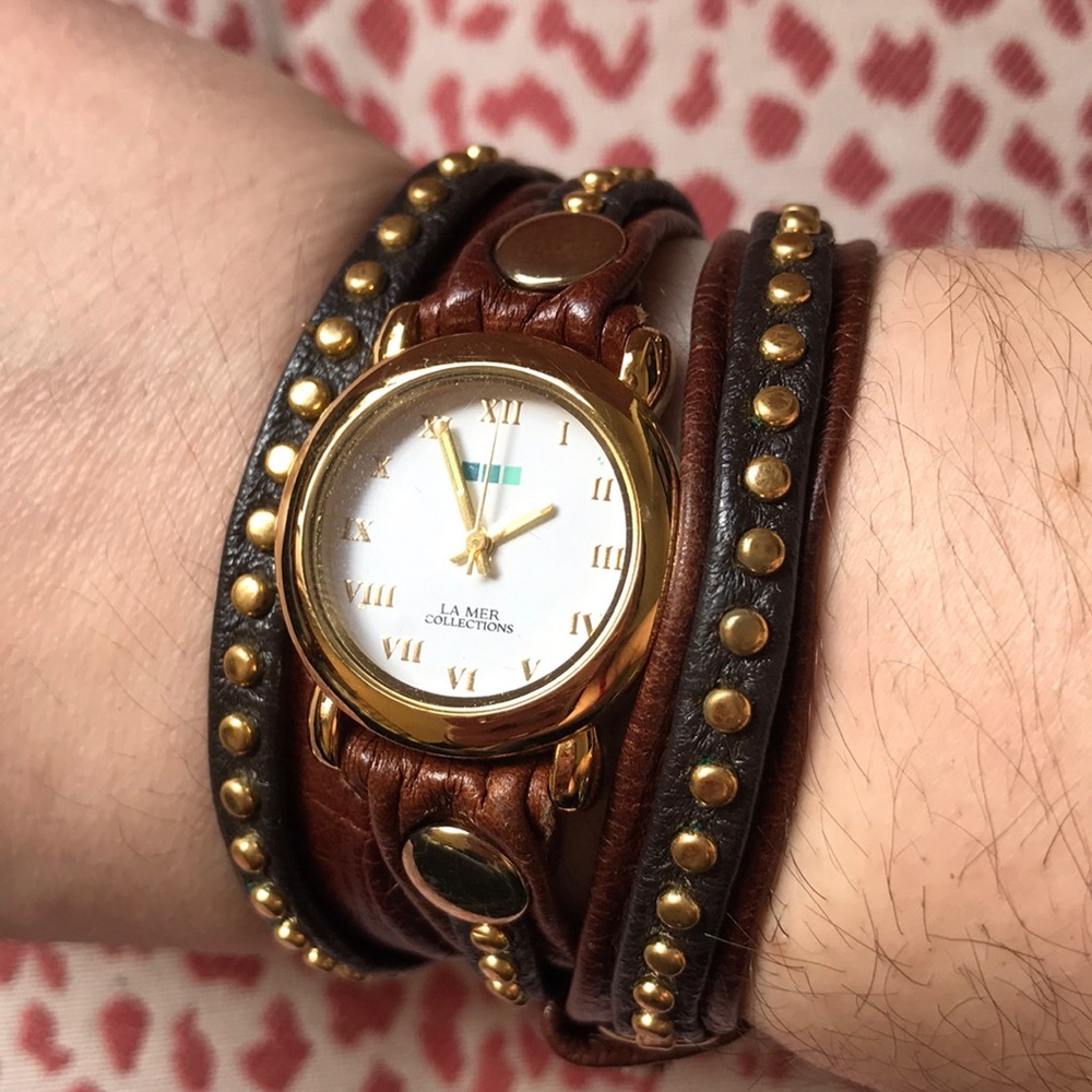 LA MER Collection Brown Leather Studded Watch